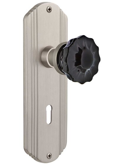 Streamline Deco Mortise Lock Set with Colored Fluted Crystal Glass Knobs Black in Satin Nickel.